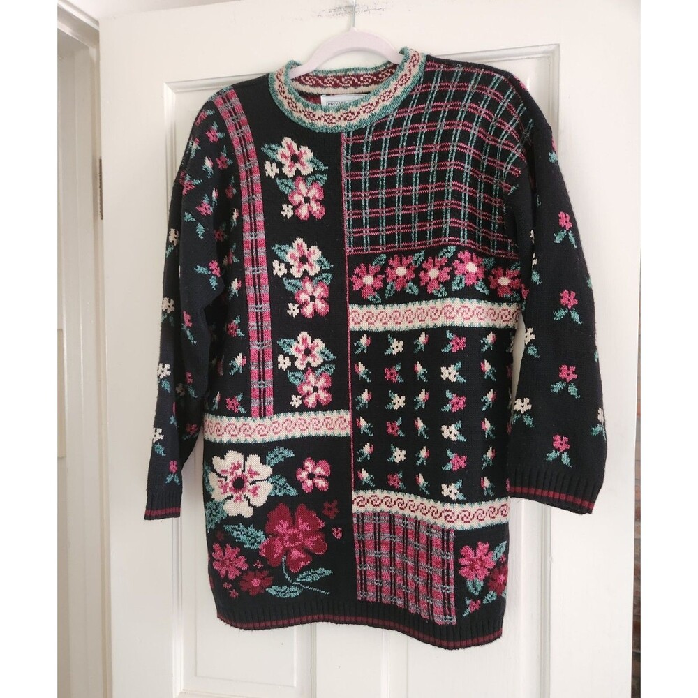 Vintage 80s 90s Cottagecore Private Eyes Made In USA  Patchwork Sweater L XL